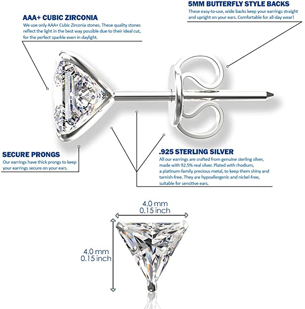 925 Sterling Silver pair of Triangle shape 4mm White Cubic Zircon (CZ) Stone
