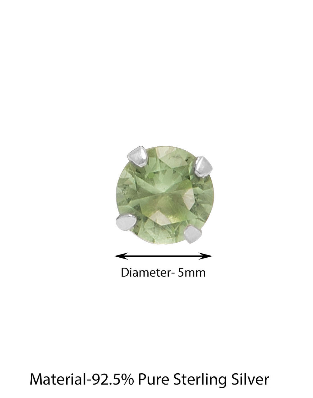 925 Sterling Silver Pair of Round Single Pista Green  5mm CZ Stone Piercing Stud Earrings