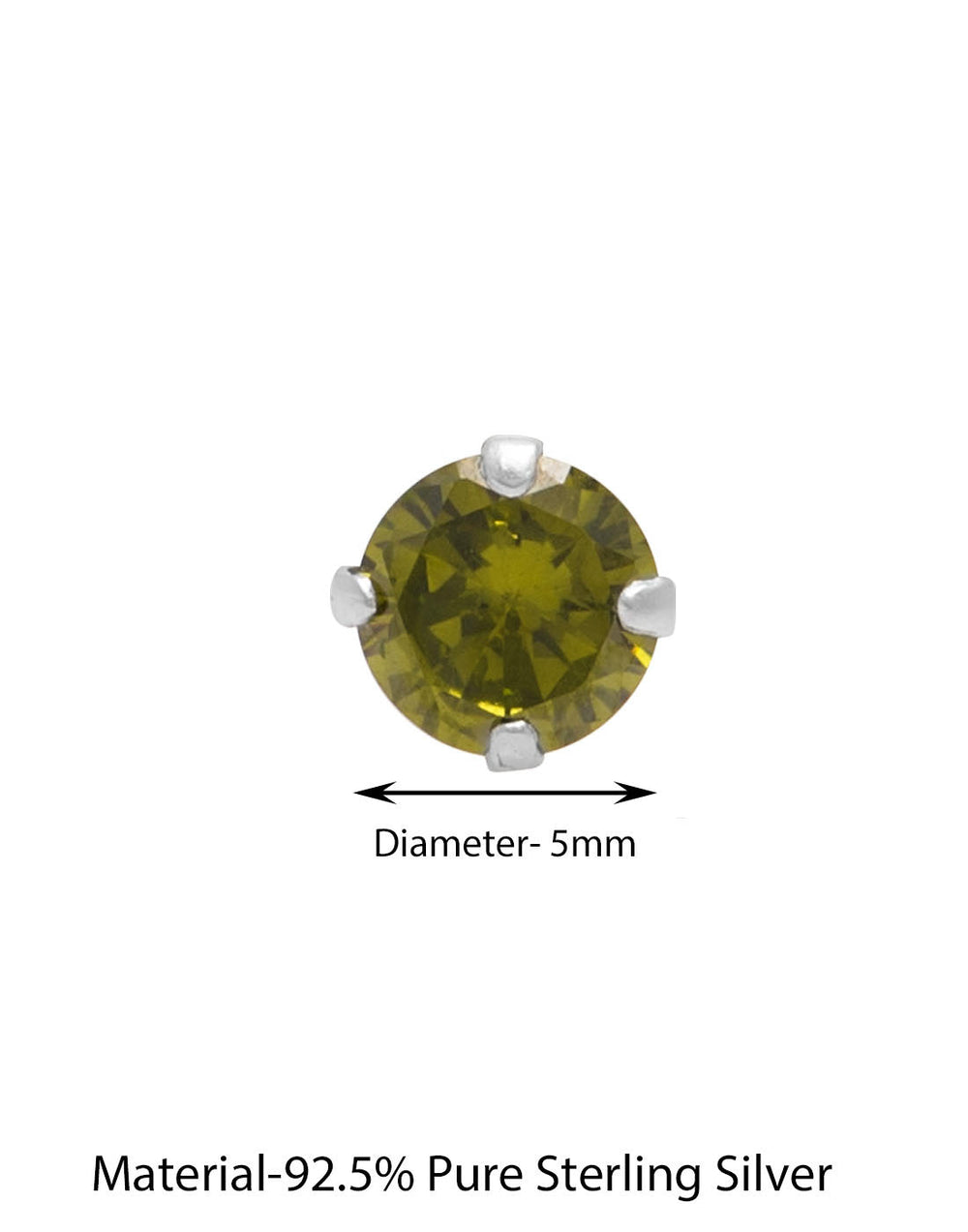 925 Sterling Silver Pair of Round Single Mehandi Green 5mm CZ Stone Piercing Stud Earrings