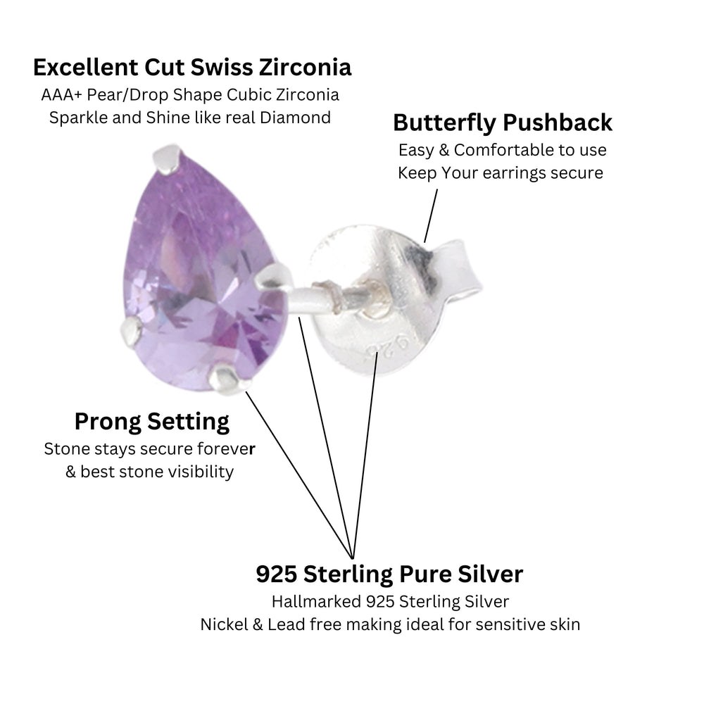 925 Sterling Silver Pair of Pear Shape Light Purple CZ Stone Piercing Stud Earrings