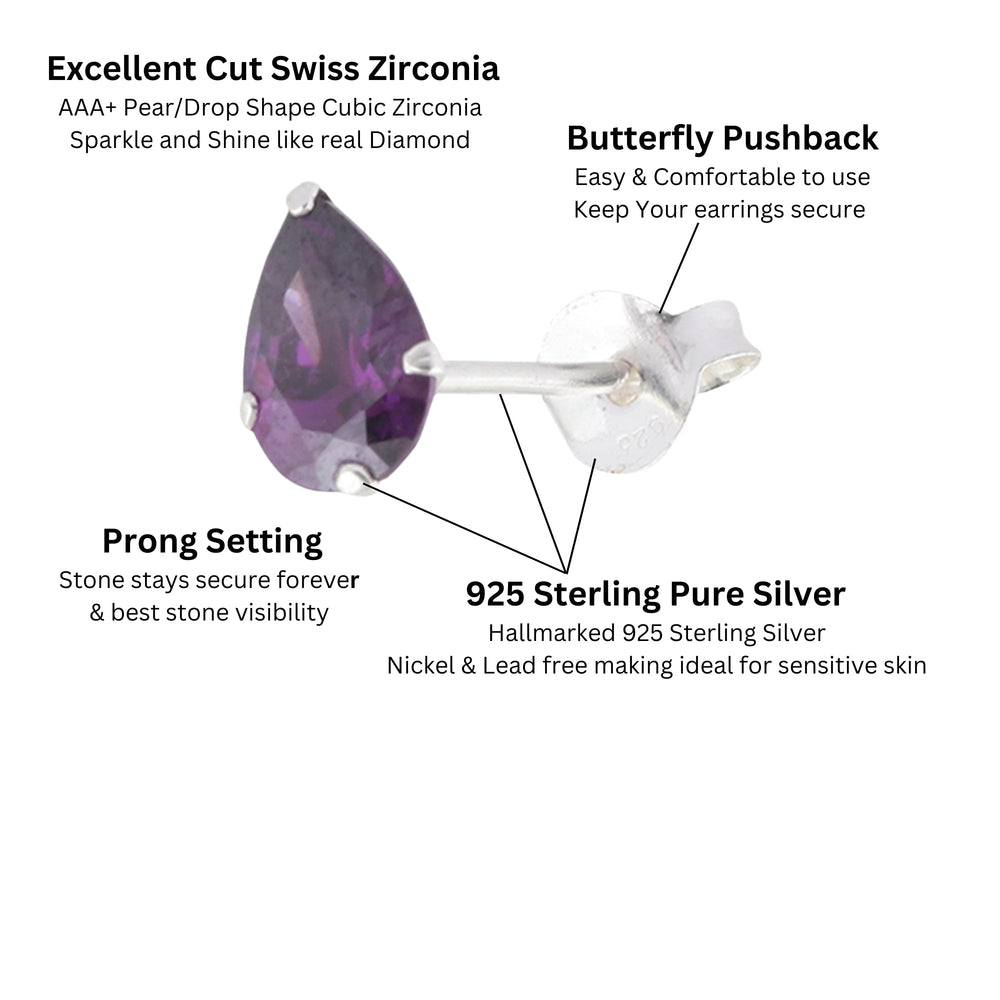 925 Sterling Silver Pair of Pear Shape Dark Purple CZ Stone Piercing Stud Earrings