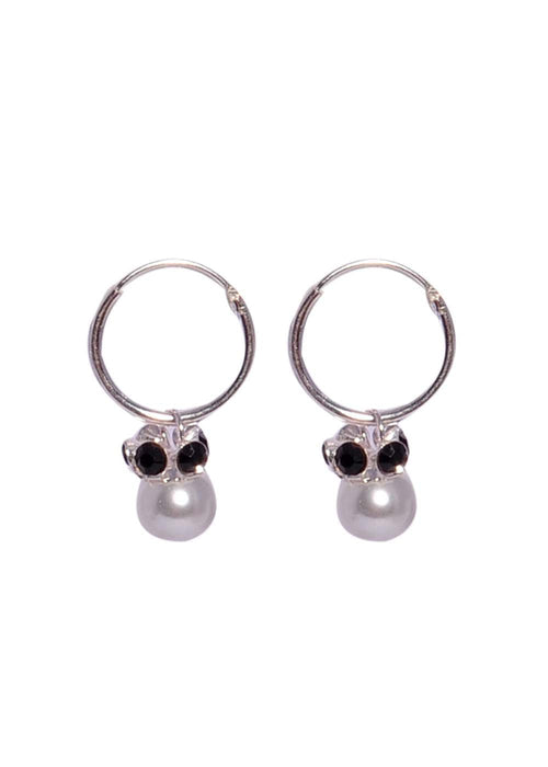 White Pearl with Black CZ stones in 92.5 Sterling Silver Hoop Earrings - Default Title - Abhooshan