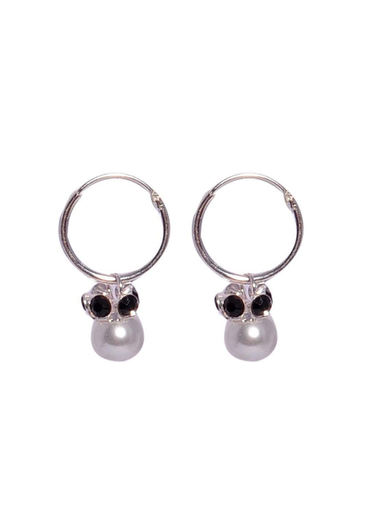 White Pearl with Black CZ stones in 92.5 Sterling Silver Hoop Earrings