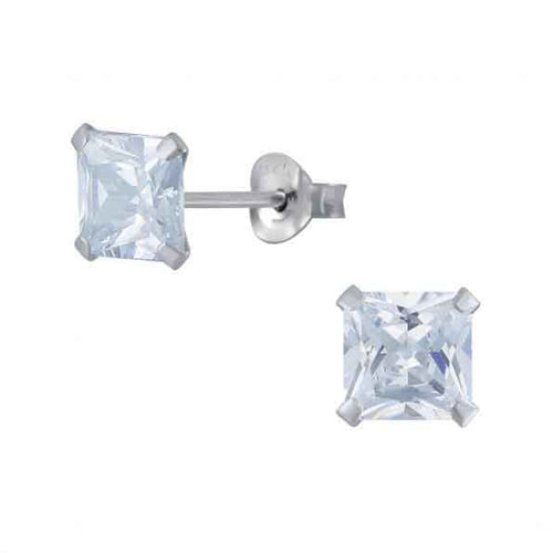 925 Sterling Silver pair of Square shape 7mm Single White Cubic Zirconia (CZ) Stone Solitaire  Unisex Stud Earrings - Default Title - Abhooshan