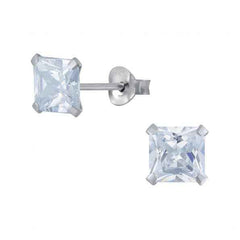 925 Sterling Silver pair of Square shape 7mm Single White Cubic Zirconia (CZ) Stone Solitaire  Unisex Stud Earrings