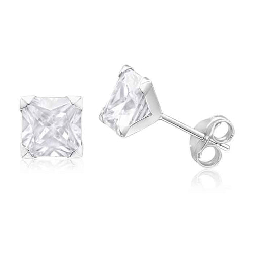 925 Sterling Silver pair of Square shape 6mm Single White Cubic Zirconia (CZ) Unisex Stud Earrings - Default Title - Abhooshan