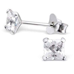 925 Sterling Silver pair of Square shape 5mm Single White Cubic Zirconia Unisex Stud Earrings