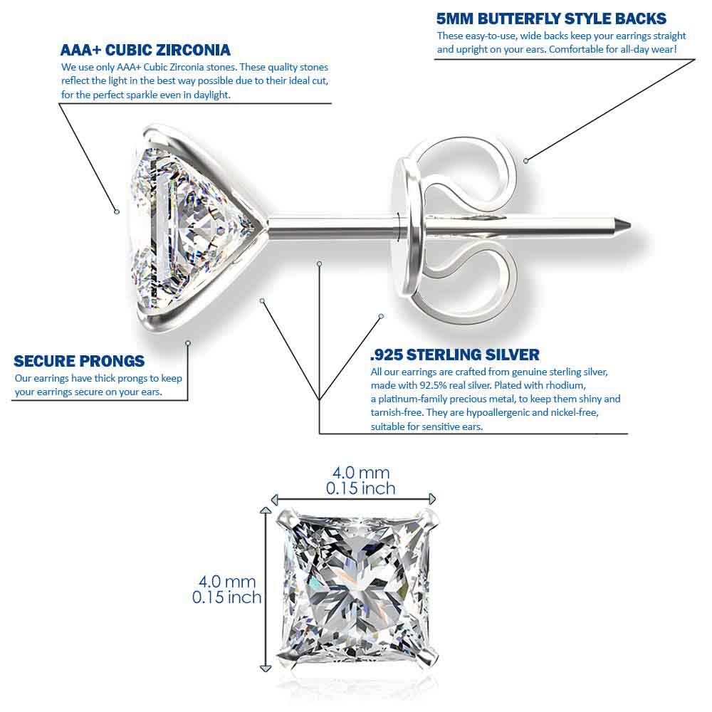 925 Sterling Silver pair of Square shape 4mm Single White Cubic Zircon (CZ) Unisex Stud Earrings