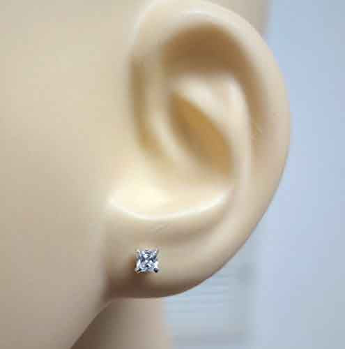 925 Sterling Silver pair of Square shape 3mm Single White Cz Unisex Stud Earrings