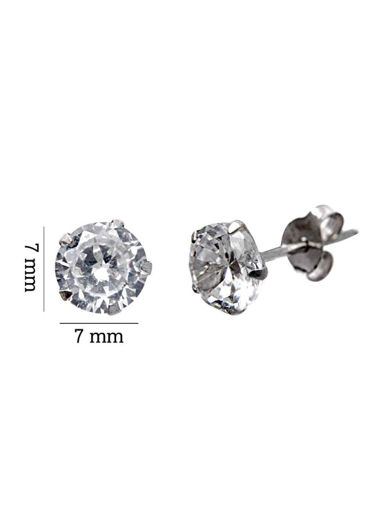 925 Sterling Silver pair of Round shape 7mm Single White Cubic Zircon (CZ) Stone Unisex Stud Earrings