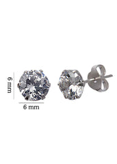 925 Sterling Silver Silver pair of Unisex Round shape 6mm Single White Cubic Zircon