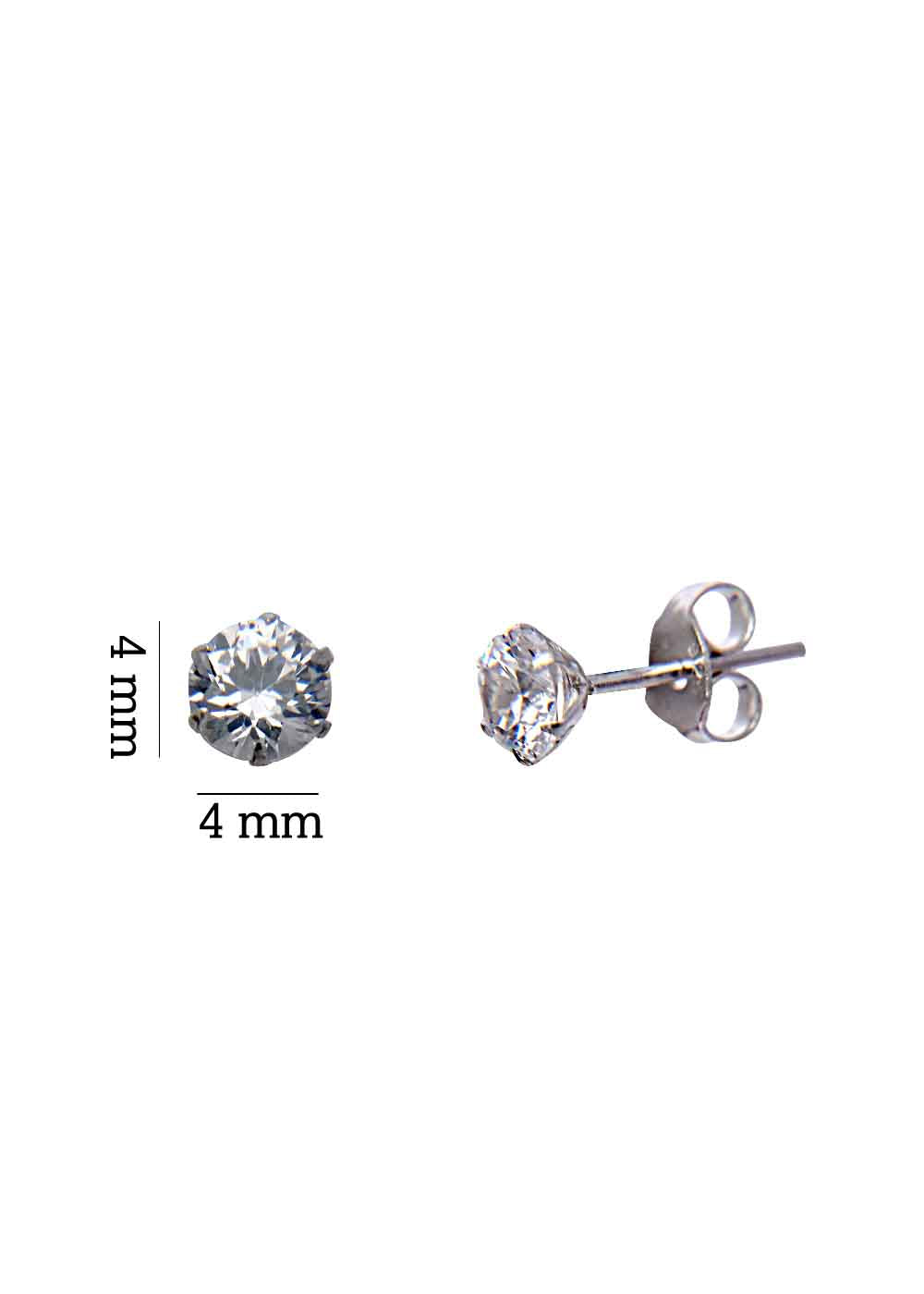 925 Sterling Silver Pair of Round shape 4mm Single White Cubic Zircon (CZ) Stone Solitaire Unisex Stud Earrings