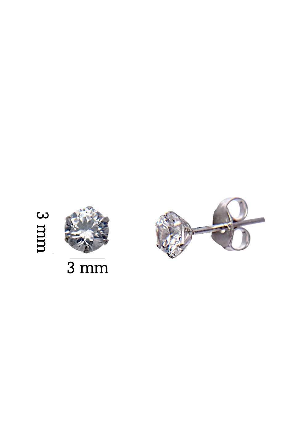 925 Sterling Silver pair of Round shape 3mm Single White Cubic Zircon (CZ) Stone Solitaire Stud Earrings