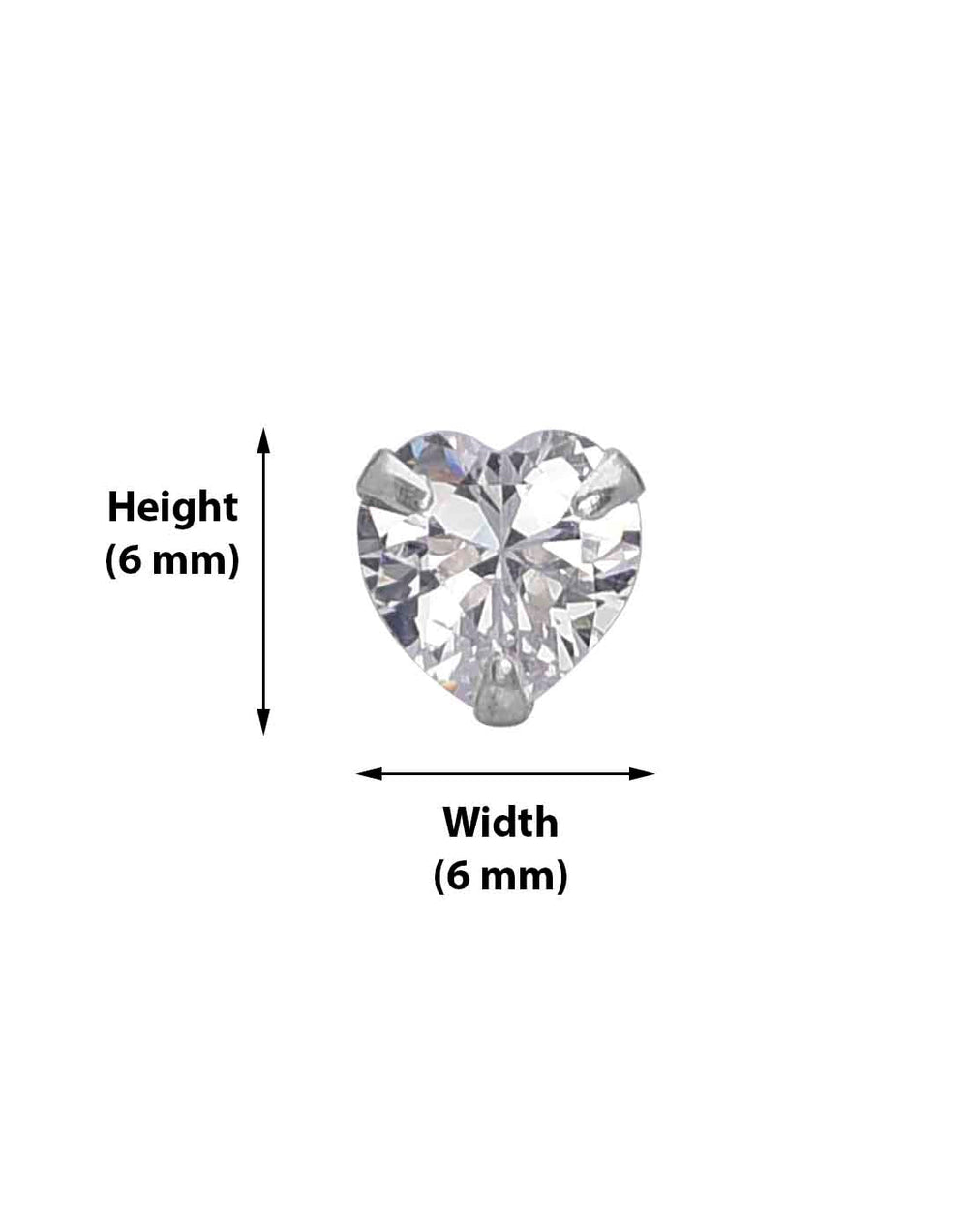 925 Sterling Silver pair of Heart shape 6mm Single White Cubic Zircon (CZ) Stone Solitaire Stud Earrings