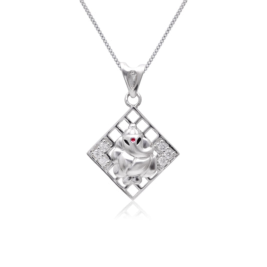 Ganesha 92.5 Sterling Silver Square Unisex Pendant with 18 inch Chain