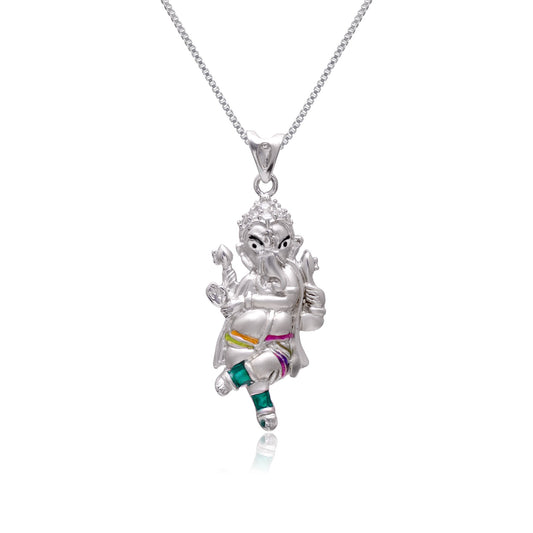 Standing Ganesha Sterling Silver Pendant with Cz and Enamel with 18 inch Chain