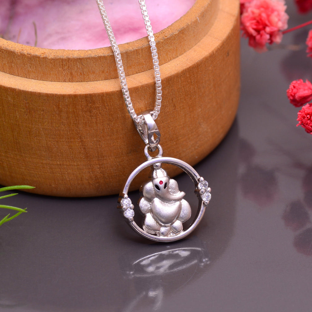Ganesha 92.5 Sterling Silver Unisex Pendant with Cz Stones and 18 inch Chain