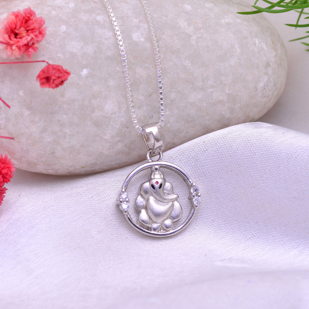 Ganesha 92.5 Sterling Silver Unisex Pendant with Cz Stones and 18 inch Chain