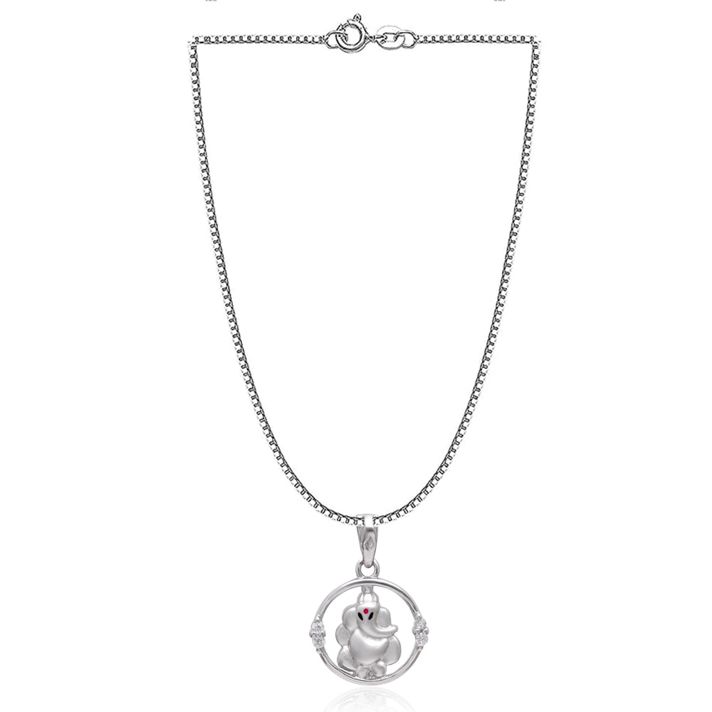 Ganesha 92.5 Sterling Silver Unisex Pendant with Cz Stones and 18 inch Chain