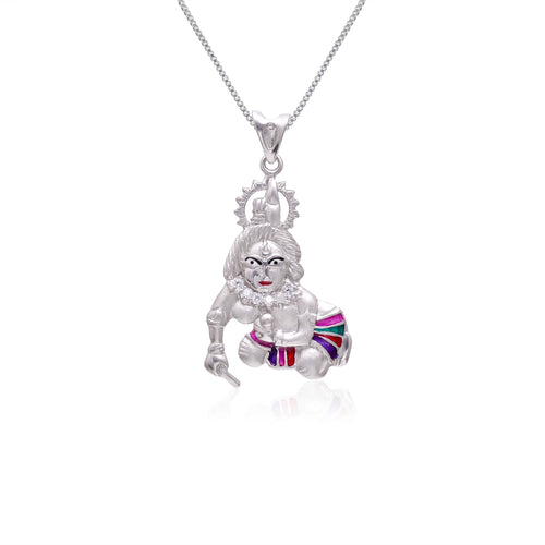 92.5 Sterling Silver Unisex Religious Bal Gopal Enamel Pendant with 18 inch Chain - Default Title - Abhooshan