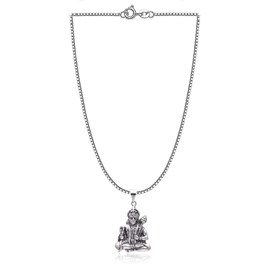 92.5 Sterling Silver Unisex Religious Sitting Hanuman ji Pendant with 18 inch Chain