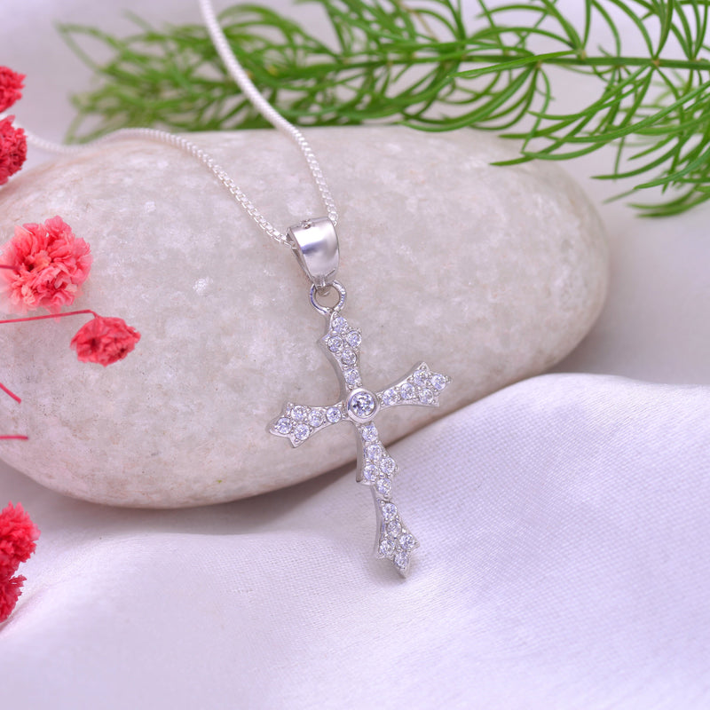 Holy Cross Pure 92.5 Sterling Silver Unisex Pendant with Cz Stones