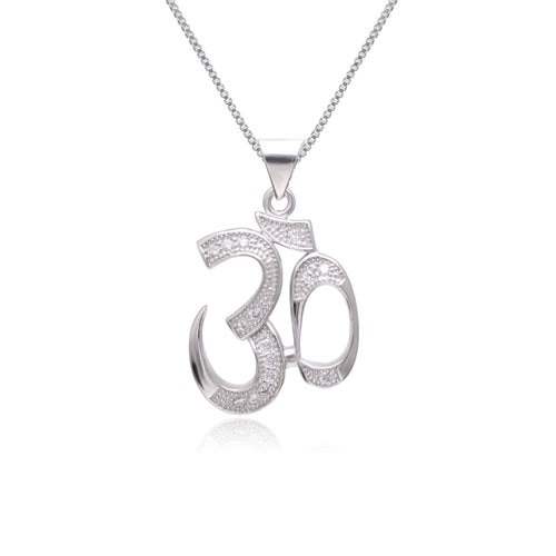 OM 92.5 Sterling Silver Unisex Religious Pendant with Cz Stones and 18 inch Chain - Default Title - Abhooshan