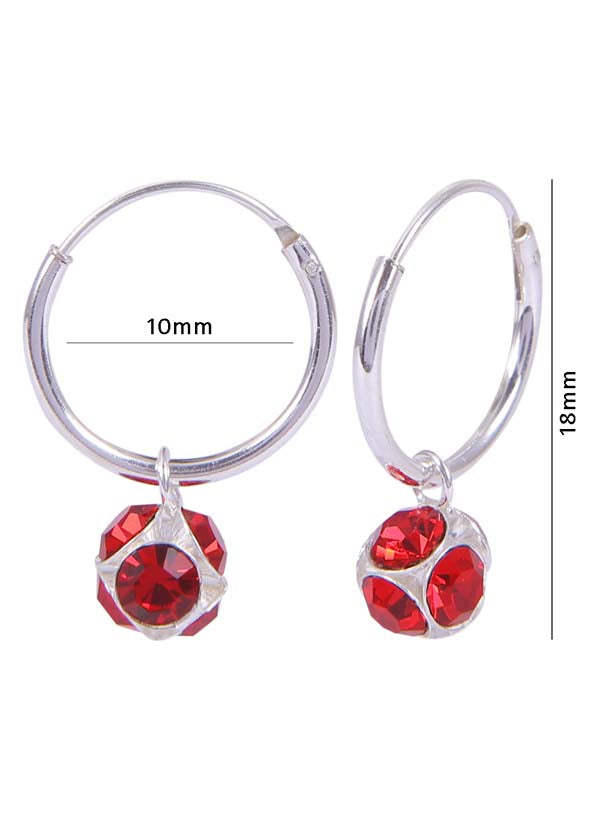 Sterling Silver Red Cubic Zirconia Hanging Balls in 10 mm Silver Hoops
