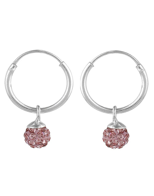 Sterling Silver Pink Cubic Zirconia Hanging Balls in 10 mm Silver Hoops - Default Title - Abhooshan