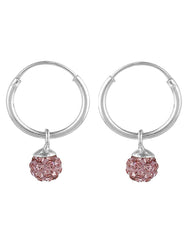 Sterling Silver Pink Cubic Zirconia Hanging Balls in 10 mm Silver Hoops