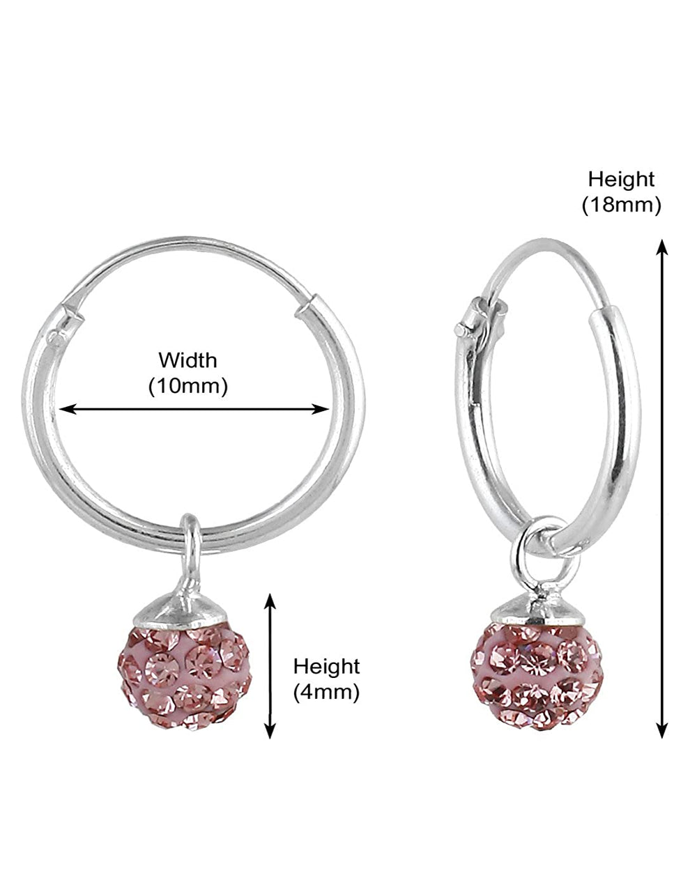 Sterling Silver Pink Cubic Zirconia Hanging Balls in 10 mm Silver Hoops