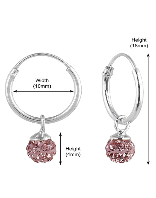 Sterling Silver Pink Cubic Zirconia Hanging Balls in 10 mm Silver Hoops