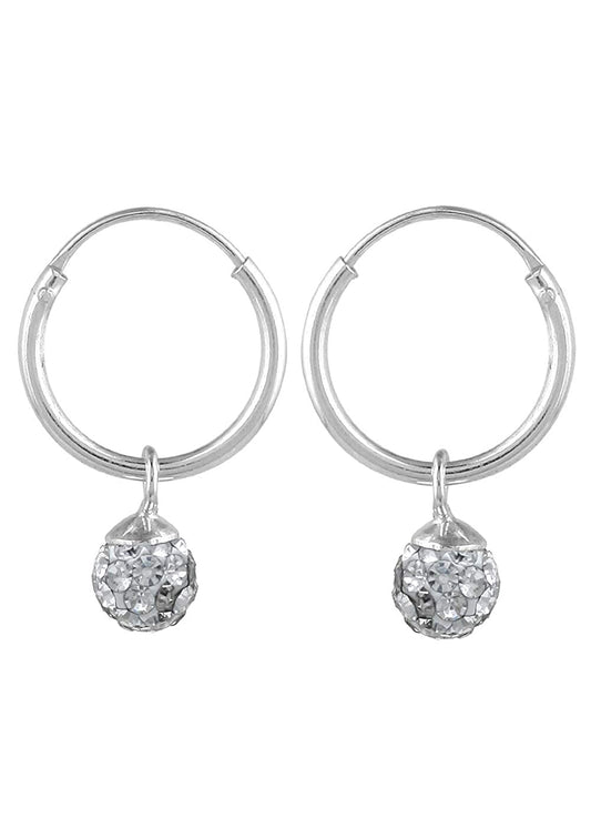 Sterling Silver White Cubic Zirconia Hanging Balls in 10 mm Silver Hoops