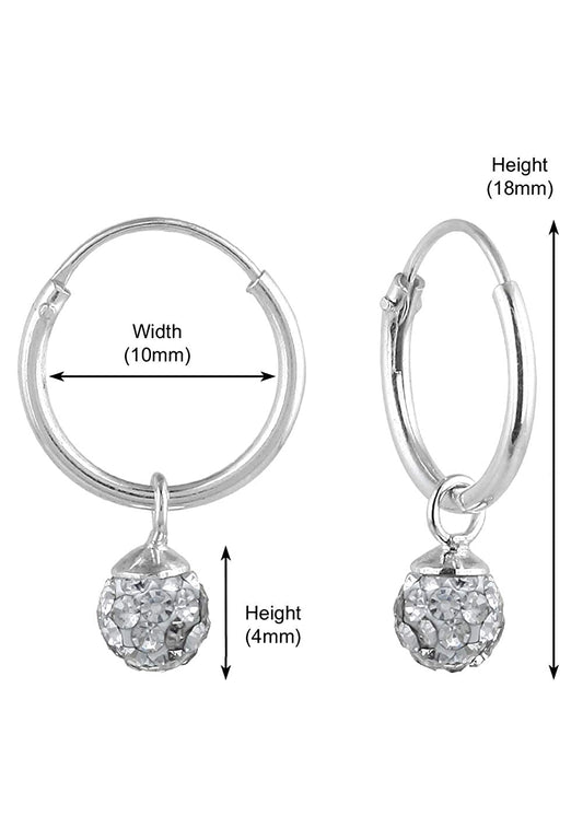 Sterling Silver White Cubic Zirconia Hanging Balls in 10 mm Silver Hoops