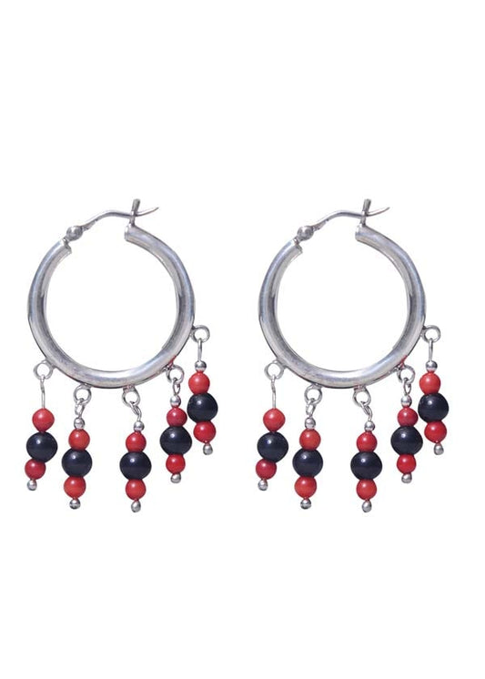 Designer Red and Black Shell Pearl Hangings Pure 92.5 Sterling Silver Hoops Balis