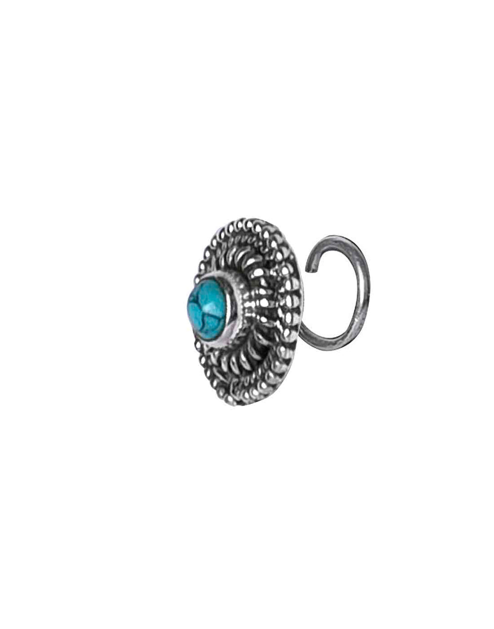 Round Oxidized 92.5 Sterling Silver Nose Pin with Turquoise