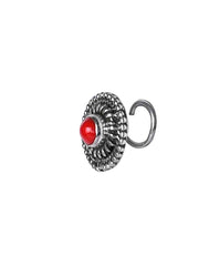 Round Oxidized 92.5 Sterling Silver Nose Pin with Red Coral