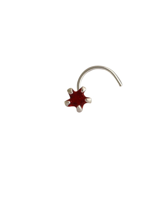 Star Shape Red CZ Stone Nose Pin with wire in 92.5 Silver for women