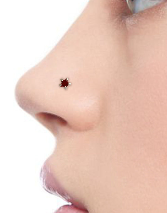 Star Shape Red CZ Stone Nose Pin with wire in 92.5 Silver for women
