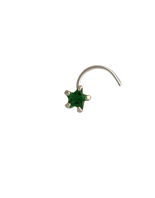 Star Shape Green CZ Stone Nose Pin with wire in 92.5 Silver