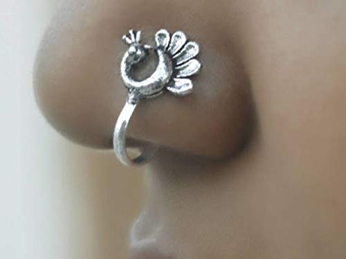 Peacock Clip On Press On Nose Pin in Silver Alloy