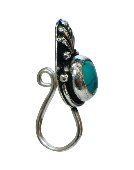 Turquoise Oxidized Clip On Press On Nose Pin in Silver Alloy