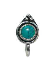 Turquoise Oxidized Clip On Press On Nose Pin in Silver Alloy