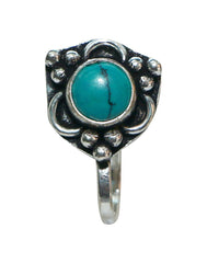 Turquoise Oxidized Clip On Press On Nose Pin in Silver Alloy