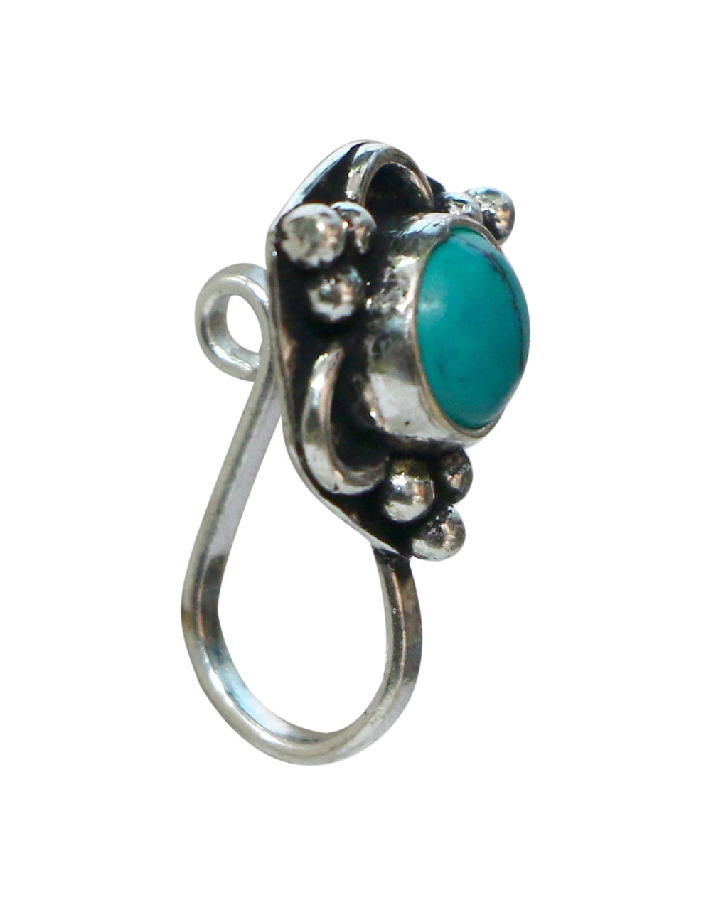 Turquoise Oxidized Clip On Press On Nose Pin in Silver Alloy