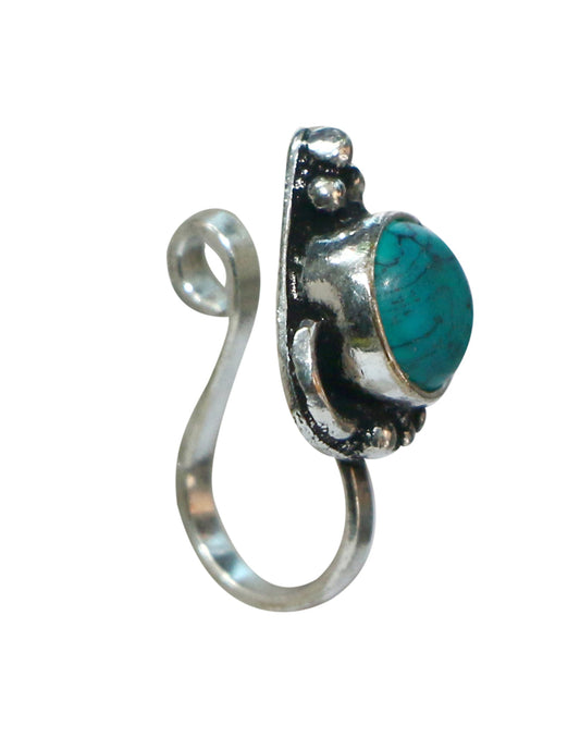 Turquoise Oxidized Clip On Press On Nose Pin in Silver Alloy