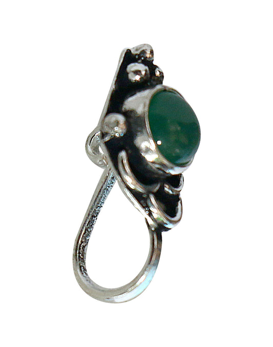 Green Onyx Oxidized Clip On Press On Nose Pin in Silver Alloy