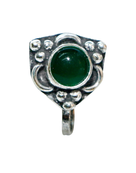 Green Onyx Oxidized Clip On Press On Nose Pin in Silver Alloy