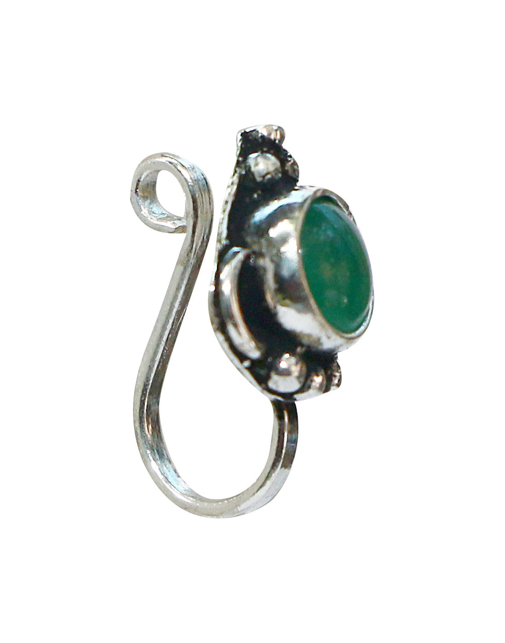 Green Onyx Oxidized Clip On Press On Nose Pin in Silver Alloy