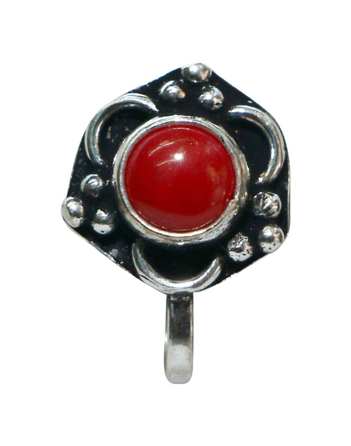 Red Coral Oxidized Clip On Press On Nose Pin in Silver Alloy - Default Title - Abhooshan